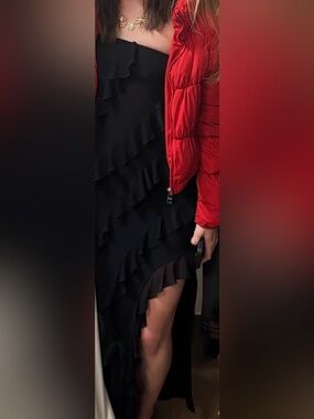 Black Ruffle High-Slit Dress